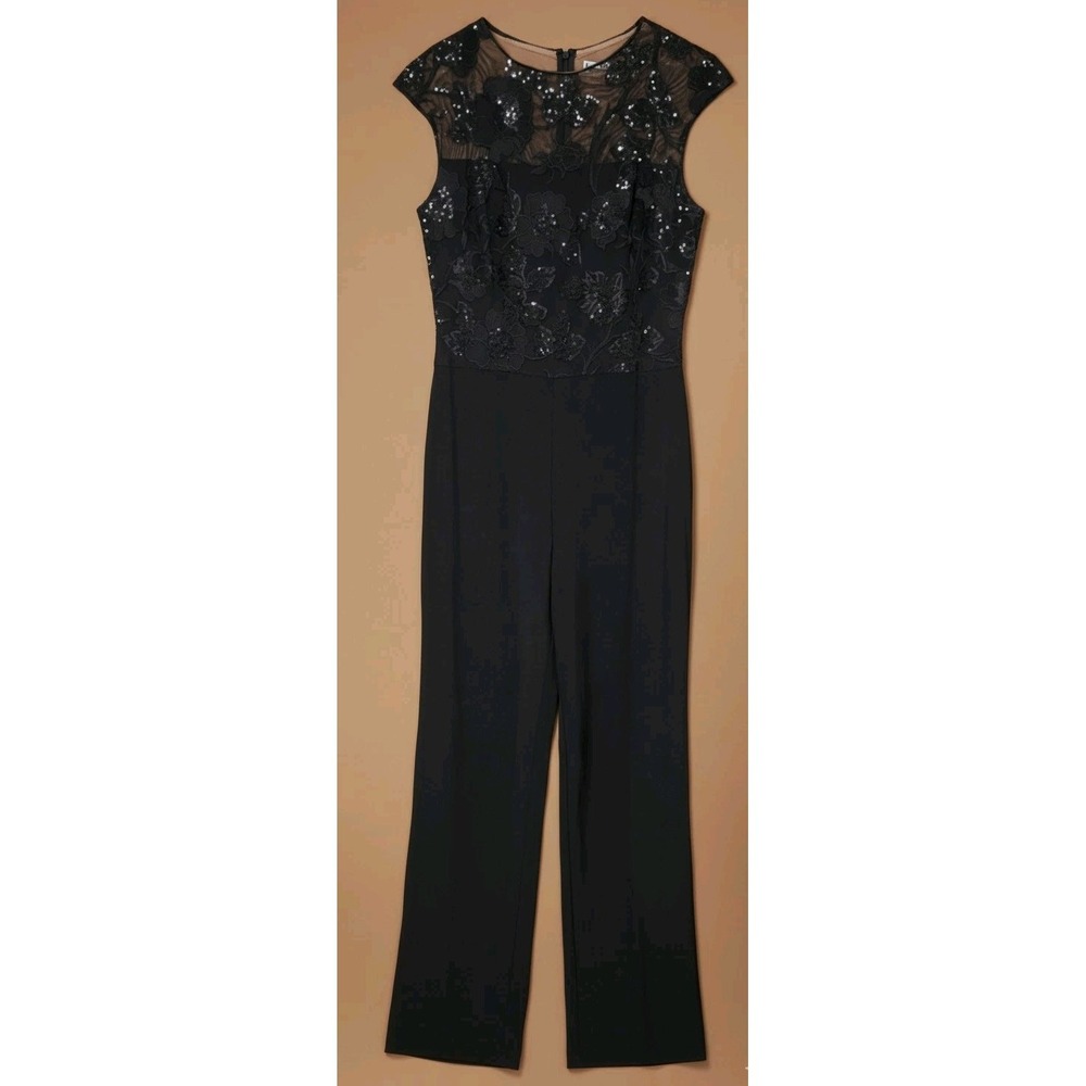 Lauren Ralph Lauren Sequin Embroidered Wide Leg Stretch Jumpsuit Size‎ 10 Black